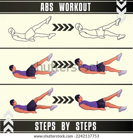Man Workout Set. Man doing fitness, abs and yoga exercises. Lunges, Pushups, Squats, Dumbbell rows, Burpees, Side planks, Situ ps, Glute bridge, Leg Raise, Russian Twist, Side Crunch .etc