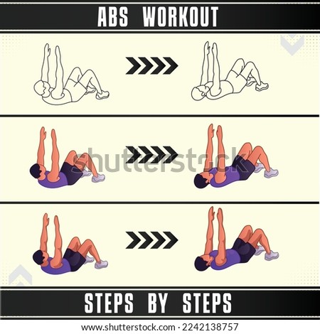 Man Workout Set. Man doing fitness, abs and yoga exercises. Lunges, Pushups, Squats, Dumbbell rows, Burpees, Side planks, Situ ps, Glute bridge, Leg Raise, Russian Twist, Side Crunch .etc