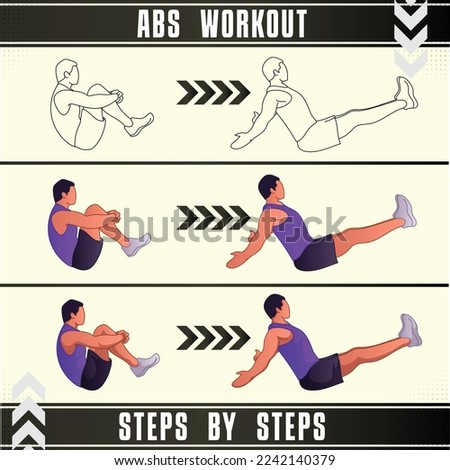 Man Workout Set. Man doing fitness, abs and yoga exercises. Lunges, Pushups, Squats, Dumbbell rows, Burpees, Side planks, Situ ps, Glute bridge, Leg Raise, Russian Twist, Side Crunch .etc