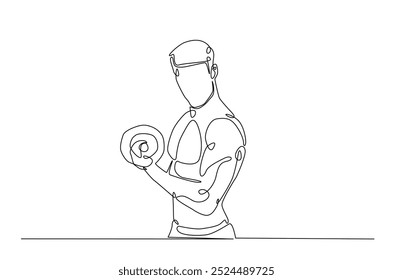 Treino masculino usando barbell contínuo um desenho de linha. Cardio e exercícios de elevação ilustração de arte de linha única. Vetor editável.