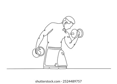 Entrenamiento de hombre usando dibujo continuo de una línea de barra. Ejercicios de cardio y levantamiento ilustración de arte de una sola línea. Vector editable.