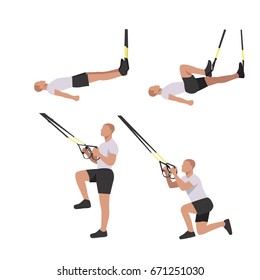 Man workout using resistance band flat vector illustration. Home workout