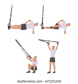 Man workout using resistance band flat vector illustration. Home workout isolated on white background