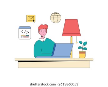 Man in workplace analyzing research data, with laptop. Design character. Vector flat illustration