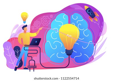 A man in workplace with laptop, big light bulb, rocket and human brain. Idea, start up launching, business success, brainstorm concept, violet palette. Vector illustration on white background A man in workplace with laptop, big light bulb, rocket and human brain. Idea, start up launching, business success, brainstorm concept, violet palette. Vector illustration on white background