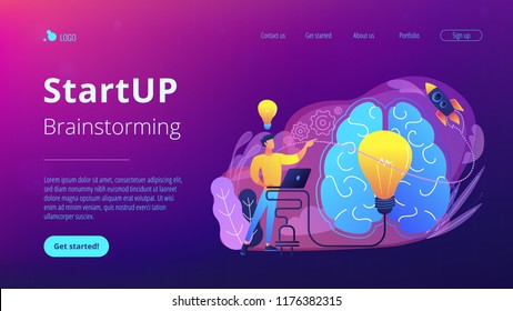 A man in workplace with laptop, big light bulb, rocket and human brain. Idea, start up launching, business success, brainstorm concept, violet palette. Website landing web page template.