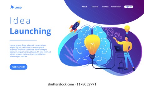 A man in workplace with laptop, big light bulb, rocket and human brain. Idea, start up launching, business success, brainstorm concept, violet palette. Website landing web page template.