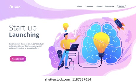 A man in workplace with laptop, big light bulb, rocket and human brain. Idea, start up launching, business success, brainstorm concept, violet palette. Website landing web page template.