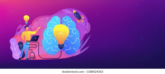 A man in workplace with laptop, big light bulb, rocket and human brain. Idea, start up launching, business success, brainstorm concept, violet palette. Header or footer banner template.