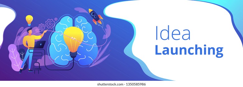 A man in workplace with laptop, big light bulb, rocket and human brain. Idea, start up launching, business success, brainstorm concept, violet palette. Header or footer banner template.