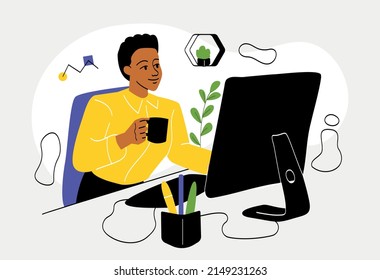 Man at workplace with mug. Young guy with coffee or tea, employee in office, manager or clerk working on project. Hardworking worker, modern technologies concept. Cartoon flat vector illustration