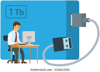 Man at workplace in office near flash drive device, data storage concept. Character works remotely on Internet and communicating through network on laptop. Person looks for information in computer