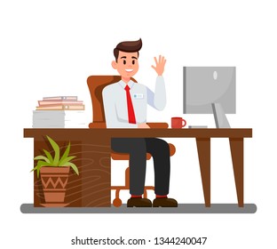 Man at Workplace in Office Vector Illustration. Office Worker Waving Hi Cartoon Character. Employer with Badge. Computer, Folders on Desk. HR Manager with CV, Resume Folders Clipart. Plant in Pot