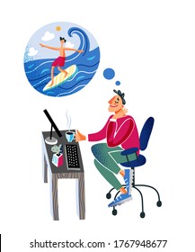 Man at workplace thinking about high wave surfing, imagines future rest. Guy in active water sports. Office male worker dreaming of vacation at sea. Vector character illustration of dreamy employee