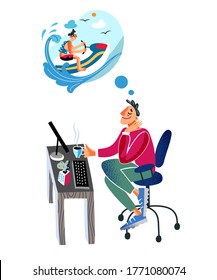 Man at workplace thinking about ride jet ski, imagines future rest. Guy in active water sports. Office male worker dreaming of vacation at sea. Vector character illustration of dreamy employee