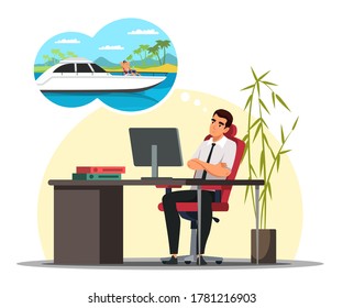 Man at workplace thinking about sailing on yacht, He imagines the future while resting. Sailor at helm yachting. Office male worker dreaming of vacation at sea. Vector character illustration of dreamy employee