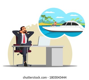 Man at workplace thinking about sailing on yacht, imagines future rest. Sailor at helm yachting. Office male worker dreaming of vacation at sea. Vector character illustration of dreamy employee