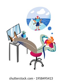 Man at workplace thinking about sailing on yacht, imagines future rest. Sailor at helm yachting. Office male worker dreaming of vacation at sea. Vector character illustration of dreamy employee