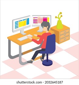 Man workplace vector illustration. Corporate or home office work room interior with computer