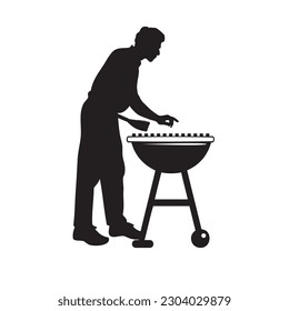 A man works with a barbecue grill. Vector illustration.