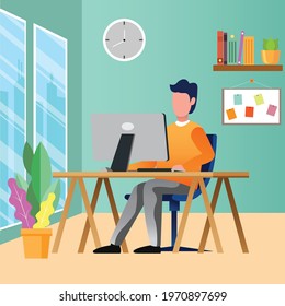 A man works behind a computer. Office workplace. Vector Illustration