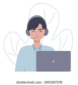 A man works in a call center. Operator, online consultation. Working call center. Vector illustration in flat style