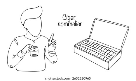 The man works as a cigar sommelier. He knows about cigars and their harmonious combination with wines and spirits. There is a box of cigars next to him. Simple vector illustration. 