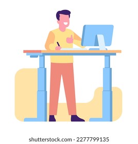 Man works comfortably at his computer while standing at desk. Happy male worker at PC monitor. Comfort workplace. Correct position. Adjustable table. Ergonomic furniture