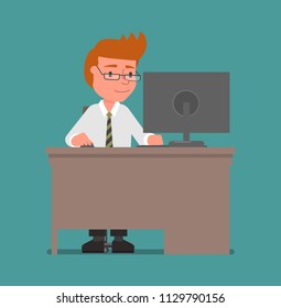 A man works with a computer.
