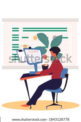Man works at computer during epidemic and writes down data about disease. Poster with the image of the coronavirus symbol on the background. Guy is looking at the calendar on computer monitor