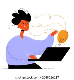A man works at a computer and found an idea on the Internet. The idea came to a person after much thought 
