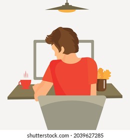 El hombre trabaja en la computadora. La autonomía. Café caliente o té en una taza sobre la mesa, lámpara de estilo loft. Ilustración plana vectorial.