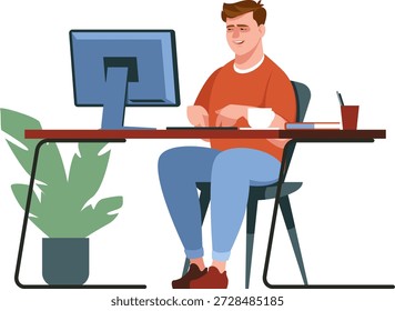 man works at computer,  freelancer or office worker works at monitor,  programmer creates computer program