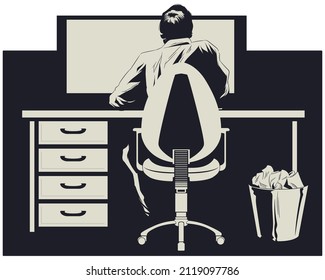 Man works at computer. Funny people. Illustration concept for website and mobile website development. 