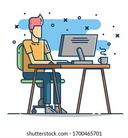 a man works at a computer at his home vector illustration. Quarantine illustration. Stay at home. conceptual design idea. Suitbale for sticker, web landing page, background and more.