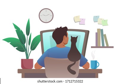 Man works at a computer at his workplace at home.The cat sits on the back of the chair next to the man and looks at the computer screen. Cartoon isolated vector illustration in flat style. 