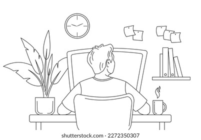 Man works at a computer at his workplace. Vector back view illustration in outline style on the white background.