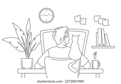 El hombre trabaja en una computadora en su lugar de trabajo. El gato se sienta en la parte trasera de la silla. Ilustración de la vista trasera de vector aislada en estilo de contorno en el fondo blanco.