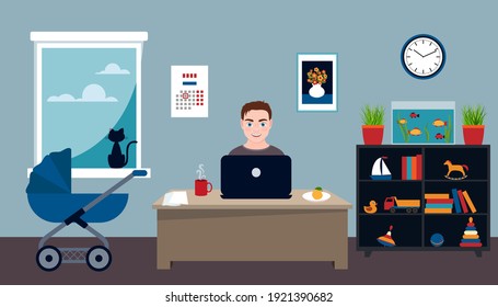 man works at a computer at home in the children's room. vector illustration. male character, a young father sits at a desk with a laptop.