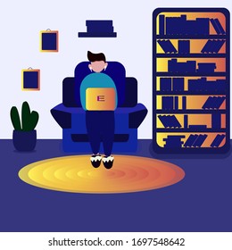 a man works at a computer at home. Remote work. Vector illustration showing a freelancer or remote employee