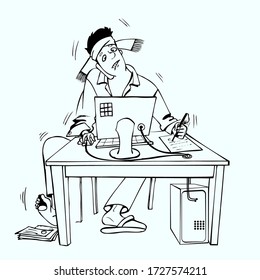 A man works at a computer. Multitasking. Tired. Vector. Trace. Contour image without filling.