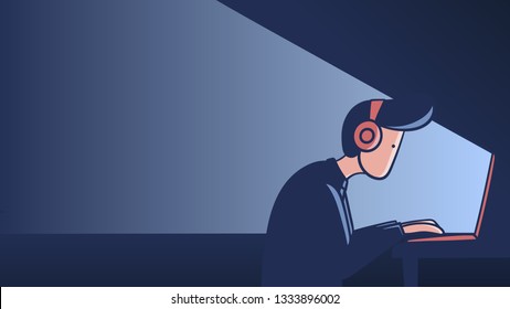 Man works at the computer at night colored vector illustration