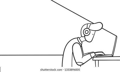 Man works at the computer at night outlined vector illustration