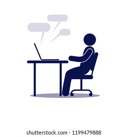 The man works at the computer, online communication.