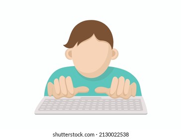 El hombre trabaja para la computadora. Personas, tecnologías de TI. Manos y teclado. Ilustración plana vectorial. Icono, signo. 
