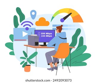 Man works at computer. Remote employee and freelancer with online earnings. Programmer and IT specialist develops software. Back end developer coding. Flat vector illustration