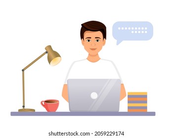 The man works at the computer. Remote work, freelance, home office, programming, education. Communication on the Internet, online meetings. Vector illustration