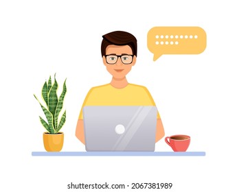 The man works at the computer. Remote work, freelance, home office, programming, education. Communication on the Internet, online meetings. Vector illustration.