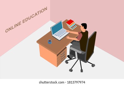 Man works at Computer table above view, distance learning and working, isometric style vector