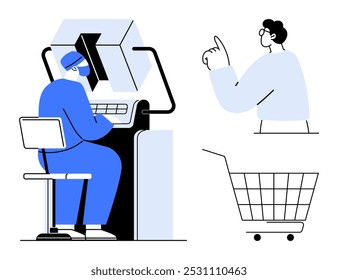 Um homem trabalha em um terminal de computador, enquanto outra figura aponta para a direita, e um carrinho de compras é mostrado. Ideal para tecnologia, trabalho de escritório, compras, e-commerce, entrada de dados. Simples, gráfico
